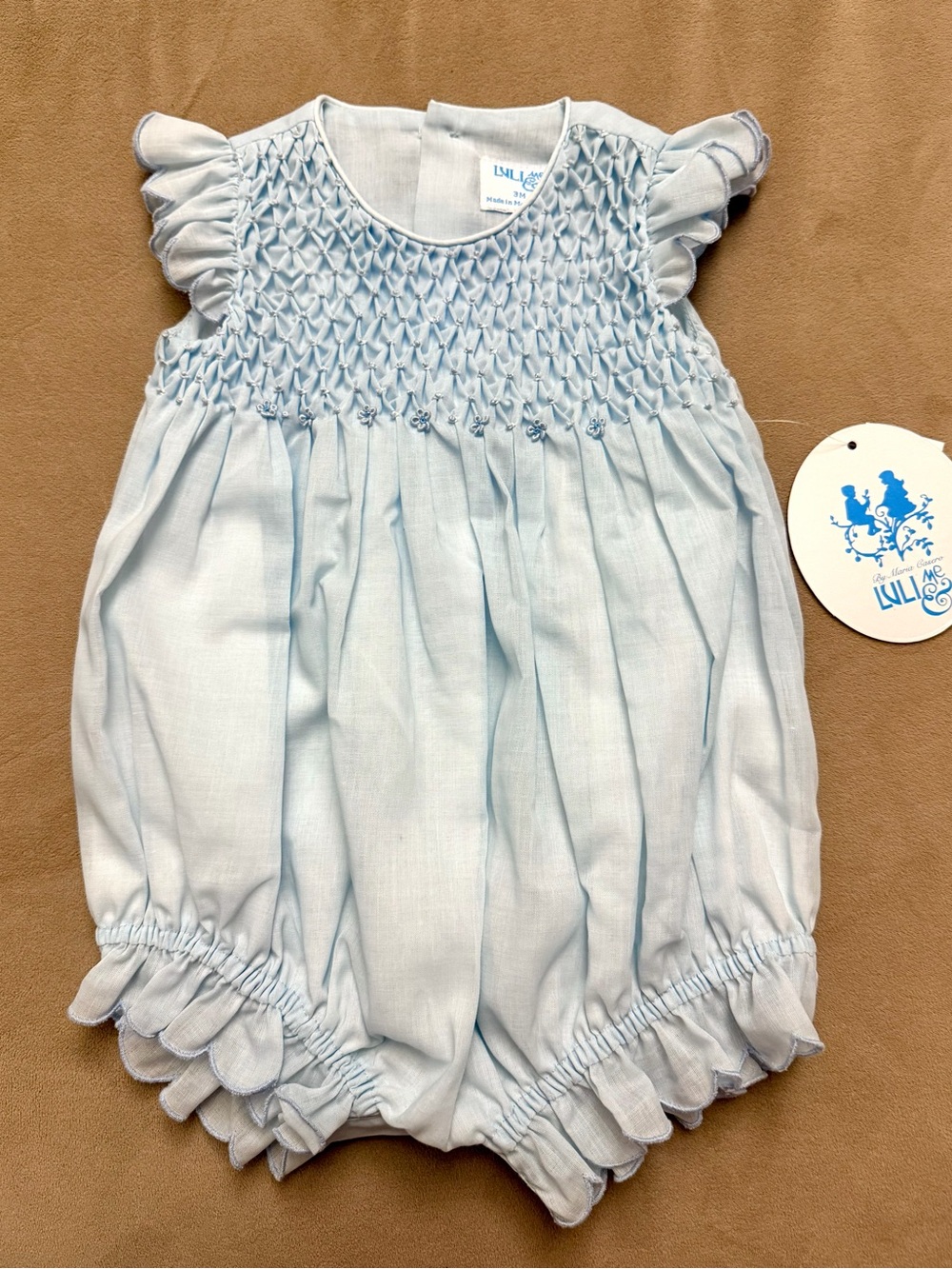 Luli & Me NWT Baby Girl Light Blue Hand Smocked Ruffle Bubble Romper Size 3 Mon